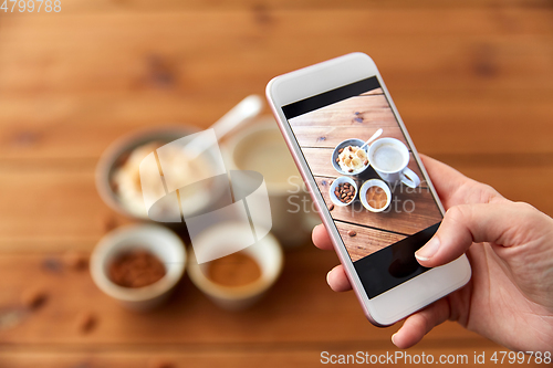 Image of hand taking picture of breakfast with smartphone