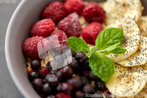 Image of cereal breakfast with berries, banana and mint