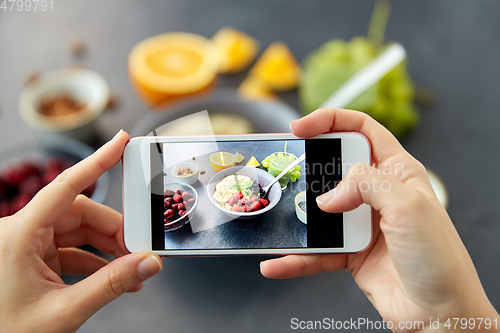 Image of hands taking picture of breakfast with smartphone