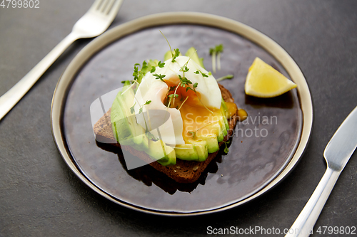 Image of toast bread with sliced avocado and pouched egg