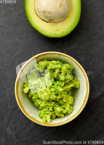 Image of close up of mashed avocado in ceramic bowl