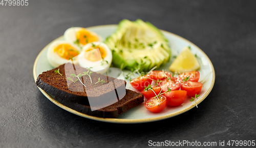 Image of toast bread with cherry tomato, avocado and eggs