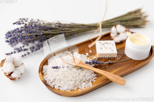 Image of bath salt, lavender soap and body butter on tray