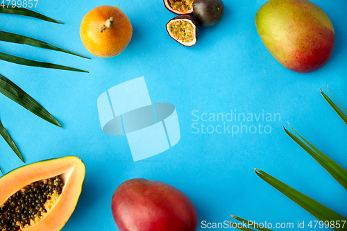 Image of different exotic fruits on blue background