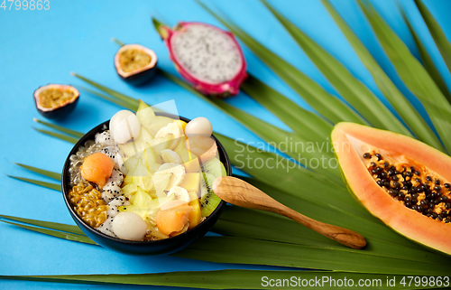 Image of mix of exotic fruits in bowl with wooden spoon