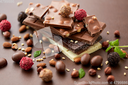 Image of close up of different chocolates, candies and nuts