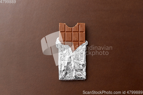 Image of chocolate bar in foil wrapper on brown background