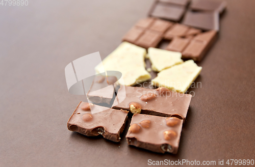 Image of different kinds of chocolate on brown background