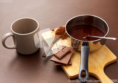 Image of pot with hot chocolate, mug and cocoa powder