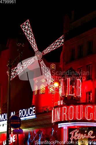 Image of View of the Moulin Rouge (Red Mill) at night in Paris, France