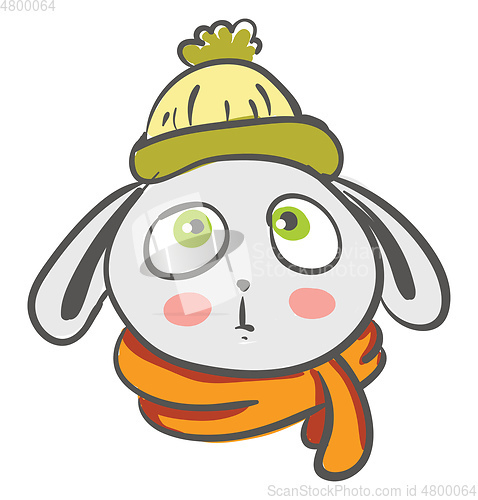 Image of Green-eyed cartoon hare covered himself with warm cap and neck s