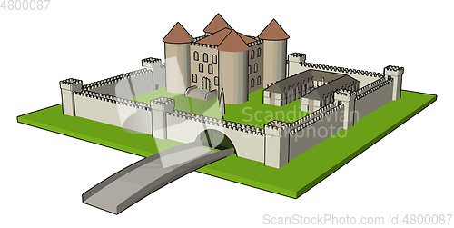 Image of Medieval castle with fortified wall and towersand bridge vector 