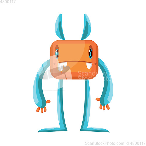 Image of Tall orange and blue creature with long arms and legs  white bac