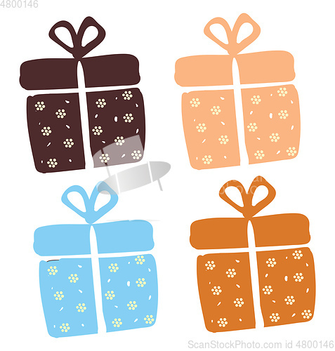 Image of Painting of a set of four present boxes wrapped in four differen