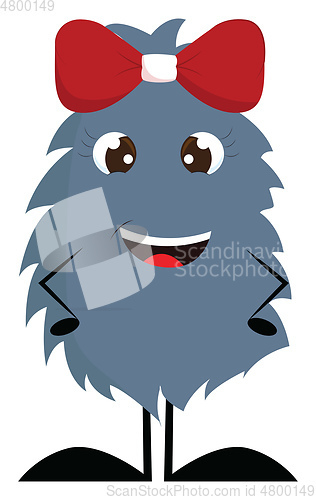 Image of Dark grey furry smiling monster with red hair bow vector illustr
