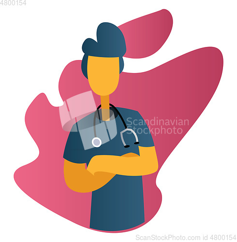 Image of Ward boy in blue medical suit in front of pink graphic shapes ve