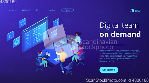 Image of Software development team isometric 3D landing page.