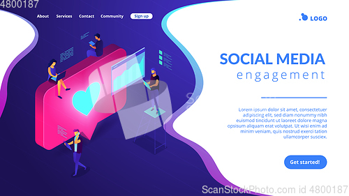 Image of Social media engagement isometric 3D landing page.
