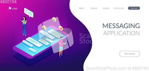 Image of Messaging application isometric 3D landing page.