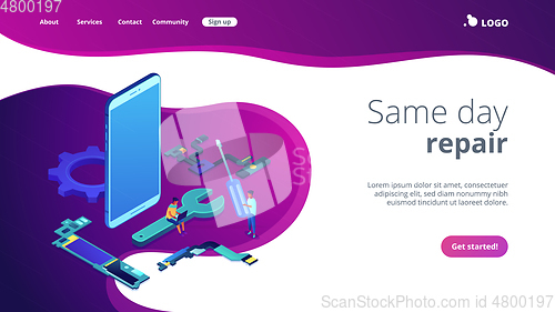 Image of Smartphone repair concept isometric 3D landing page.