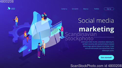 Image of Social media marketing isometric 3D landing page.