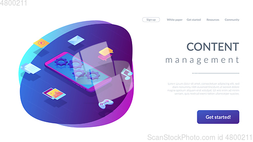 Image of Mobile content isometric 3D landing page.