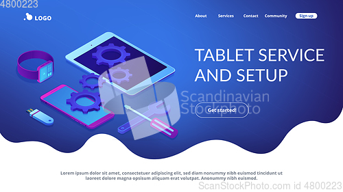 Image of Mobile device repair concept isometric 3D landing page.