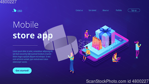 Image of Mobile store app isometric 3D landing page.