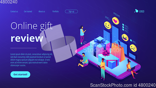 Image of Online gift review isometric 3D landing page.