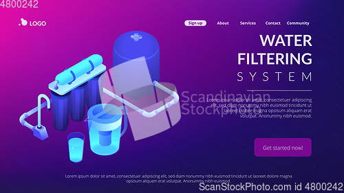 Image of Water filtering system concept isometric 3D landing page.