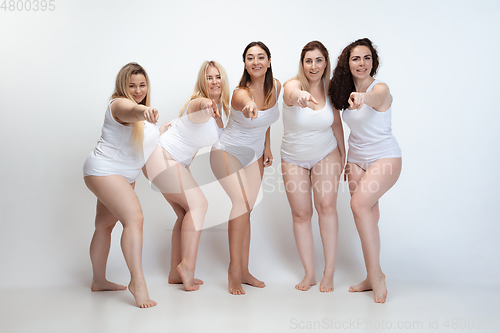 Image of Portrait of beautiful plus size young women posing on white background