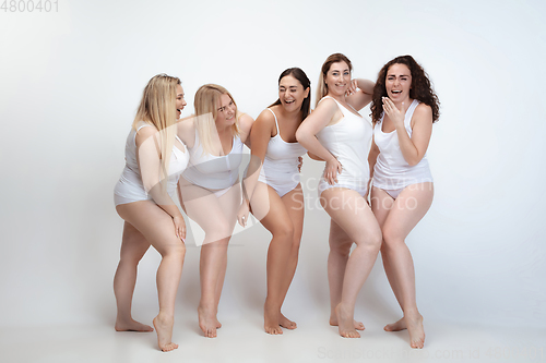 Image of Portrait of beautiful plus size young women posing on white background