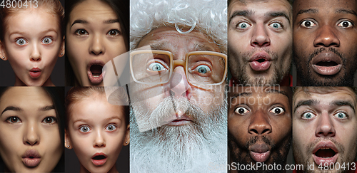 Image of Emotional Santa Claus and his entourage greeting with New Year and Christmas