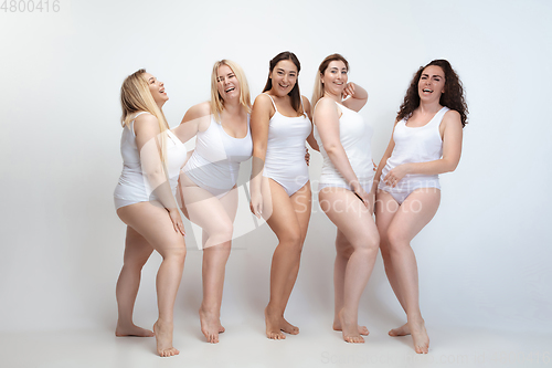 Image of Portrait of beautiful plus size young women posing on white background