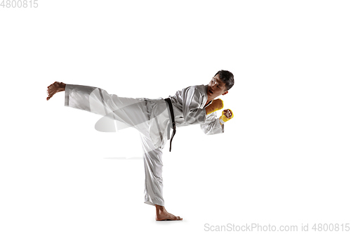 Image of Confident korean man in kimono practicing hand-to-hand combat, martial arts