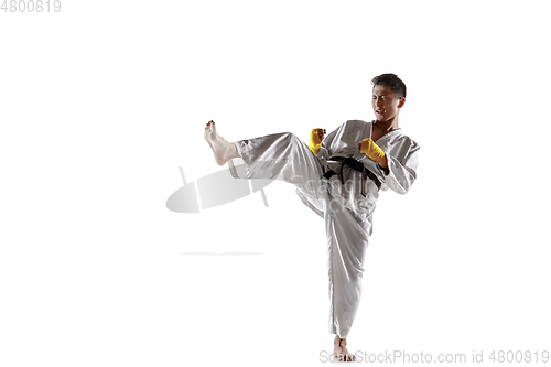 Image of Confident korean man in kimono practicing hand-to-hand combat, martial arts