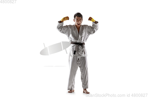 Image of Confident korean man in kimono practicing hand-to-hand combat, martial arts