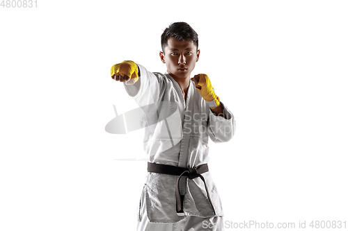 Image of Confident korean man in kimono practicing hand-to-hand combat, martial arts