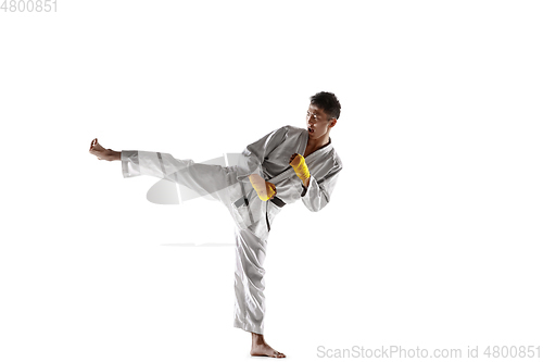 Image of Confident korean man in kimono practicing hand-to-hand combat, martial arts