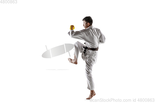 Image of Confident korean man in kimono practicing hand-to-hand combat, martial arts