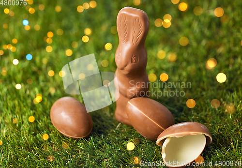 Image of chocolate bunny and easter eggs on grass