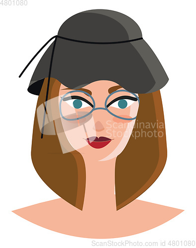 Image of Blue eyed girl wearing a retro style grey hat and blue eyeglass 