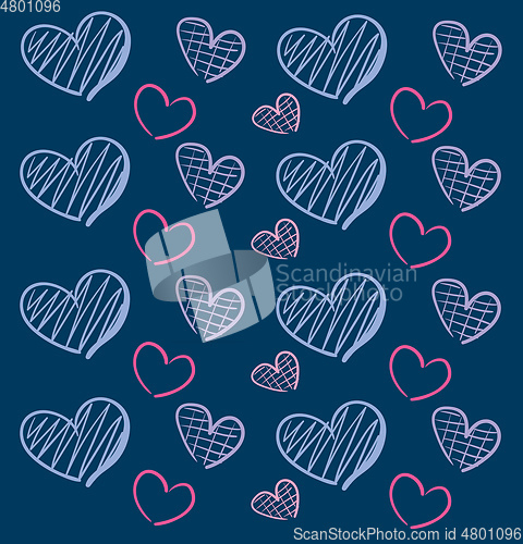 Image of Different size and colour hearts on blue backround illustration 