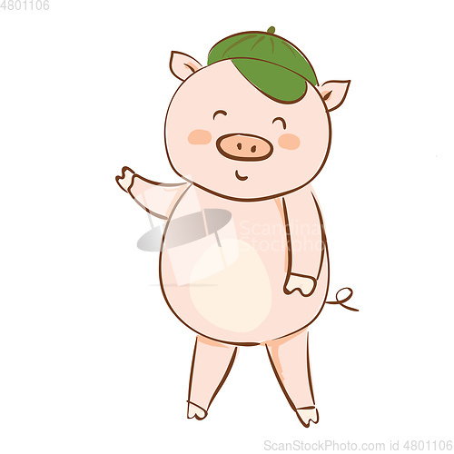 Image of Drawing of a cartoon pig in a green summer cap waving his hand v