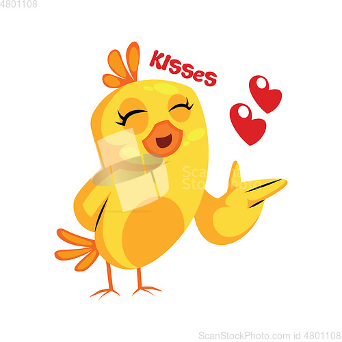 Image of Cute yellow chicken sending hearts and saying Kisses vector illu