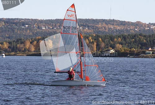 Image of Sailboat at the fjord. 