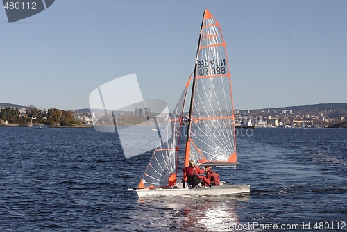Image of Sailboat at the fjord. 