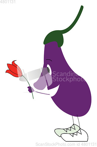 Image of An eggplant emoji holding a red flower in hand vector color draw