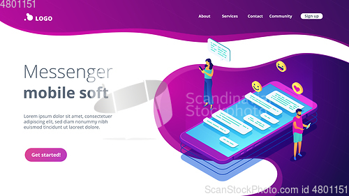 Image of Messaging application isometric 3D landing page.