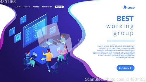 Image of Software development team isometric 3D landing page.